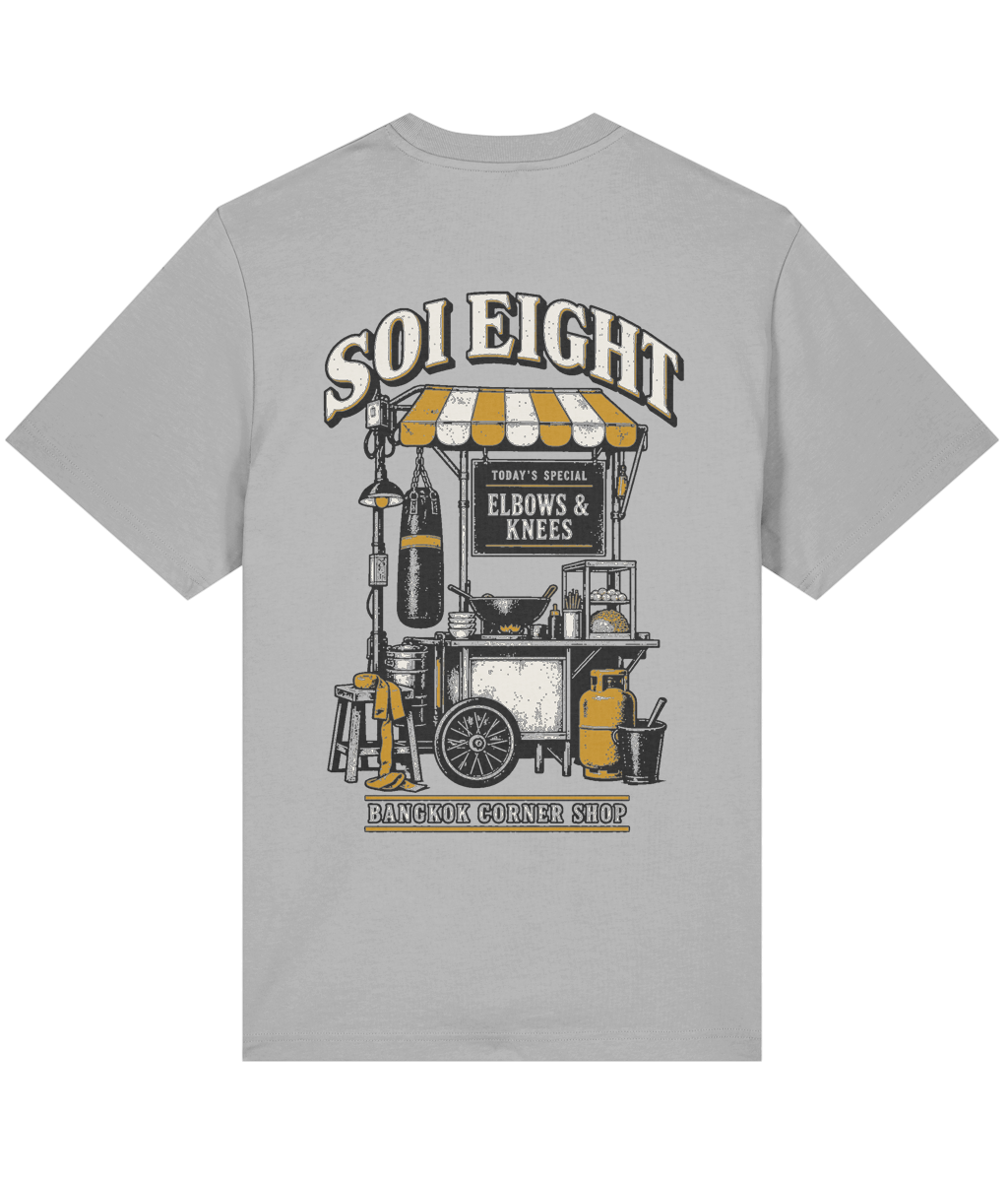 SOI EIGHT Bangkok Corner Shop Tee – Rückansicht mit großflächigem Bangkok Corner Shop Backprint im thailändischen Streetwear-Stil.