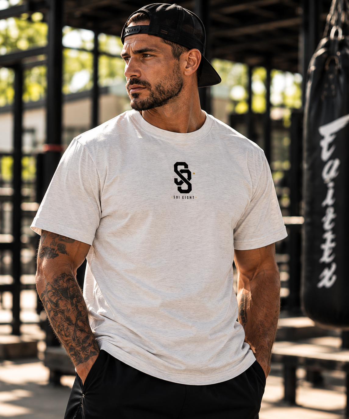SOI EIGHT Eight Limbs Tee in Heather Grey – Rückansicht mit Muay Thai Front